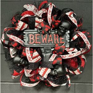 Halloween Wreath For Front Door Red and Black Scary Horror Decor Handmade 22 in